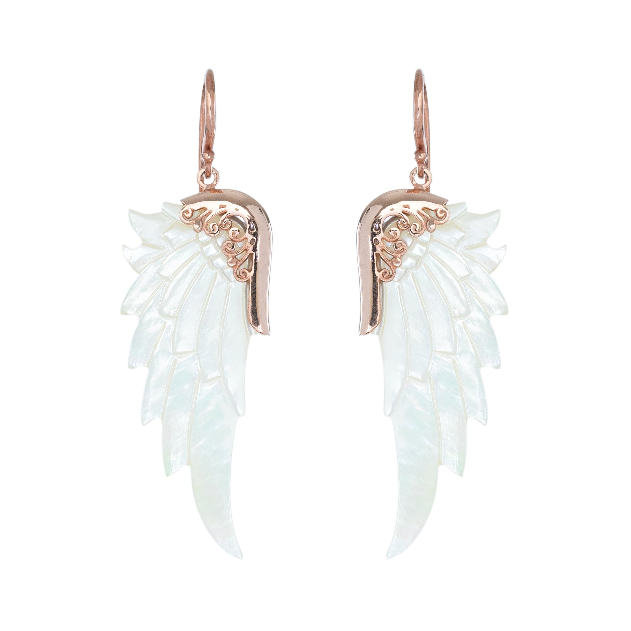 small white rose gold angel wing earrings