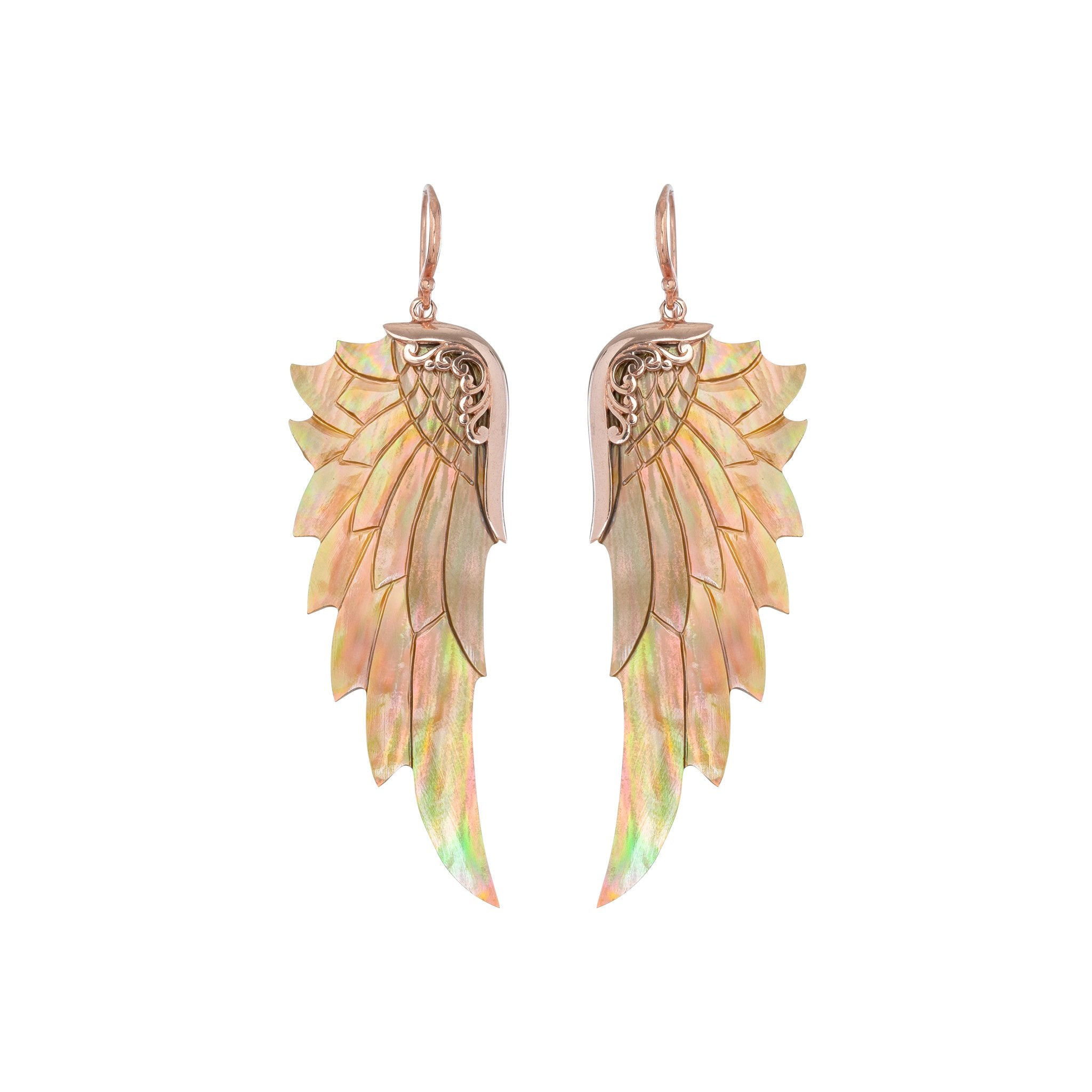 large rainbow rose gold angel wing earrings