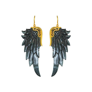 Large Black Gold Angel Wing Earrings