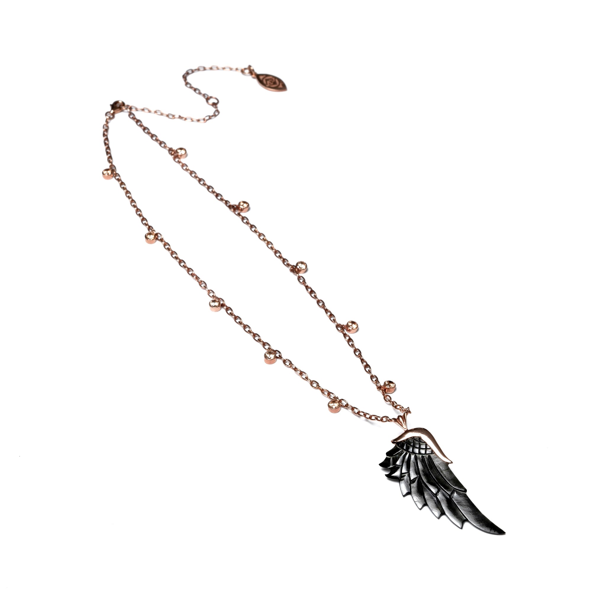 black gunmetal rose gold champagne zircon angel wing necklace